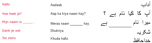 Woorden en zinnen in die in een cursus Urdu terug kunnen komen